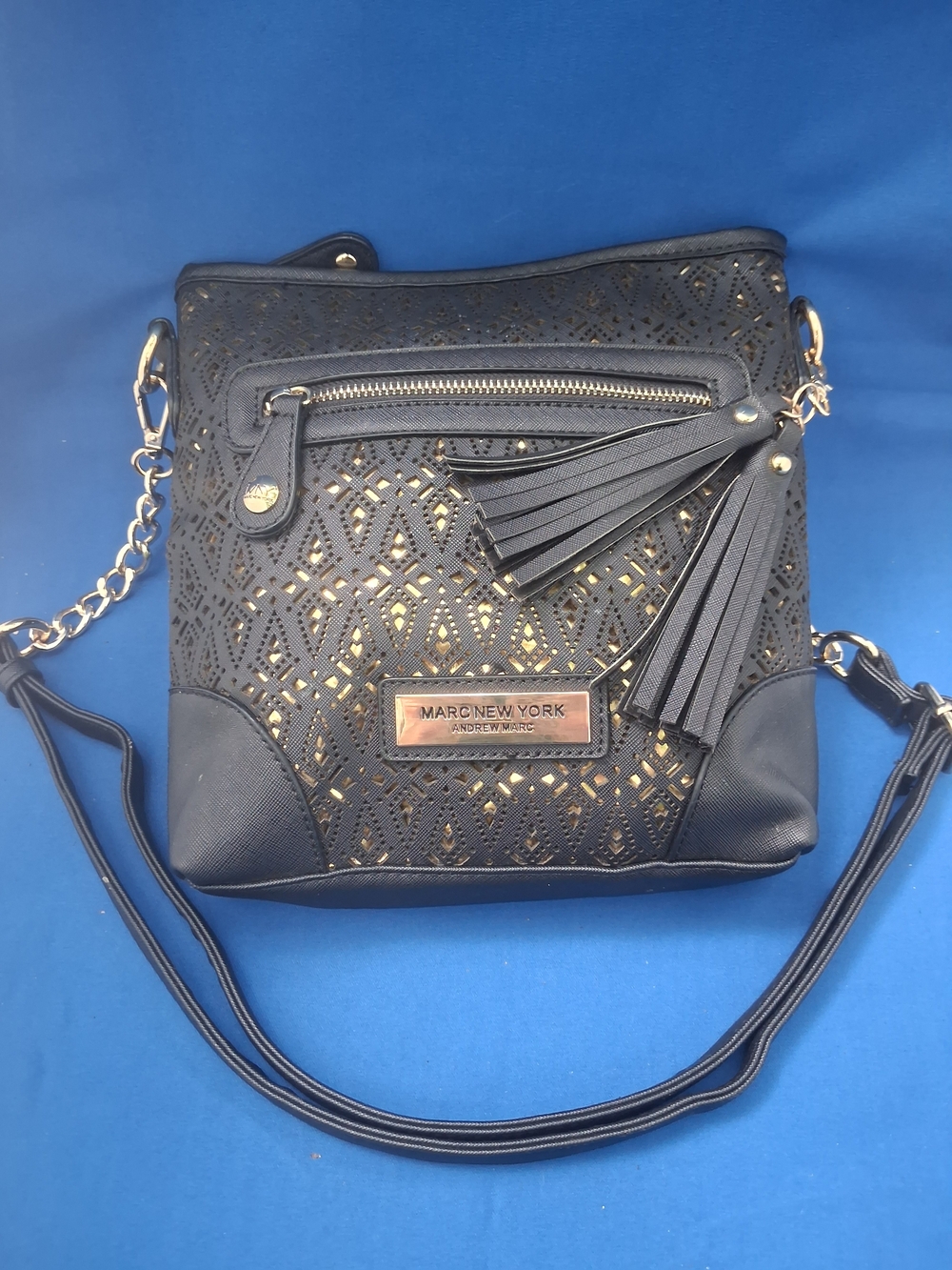 Marc New York Andrew Marc Black Laser-Cut Crossbody Bag with Tassel